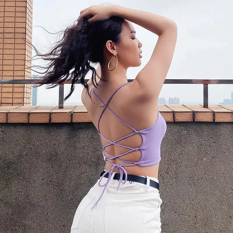 

Sexy Tank Top Women Harajuku Backless Back Tops Cropped Camis Summer Clubwear White Camisole Basic Clothes Vintage