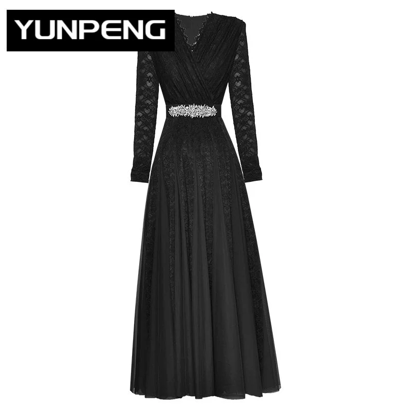

Dresses For Women 2023 Summer Runway Luxury Designer Lace V-neck Long Sleeve Crystal Belt Mesh Patchwork Black Vintage Dress