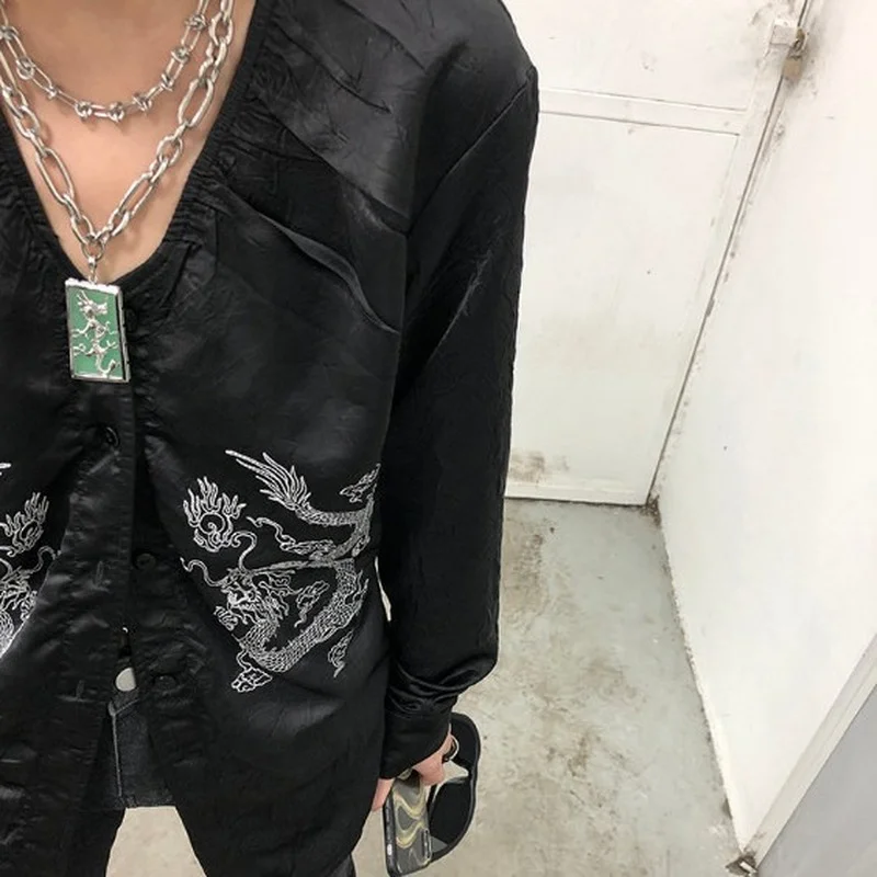 Женская рубашка с длинным рукавом V-образным вырезом и вышивкой дракона