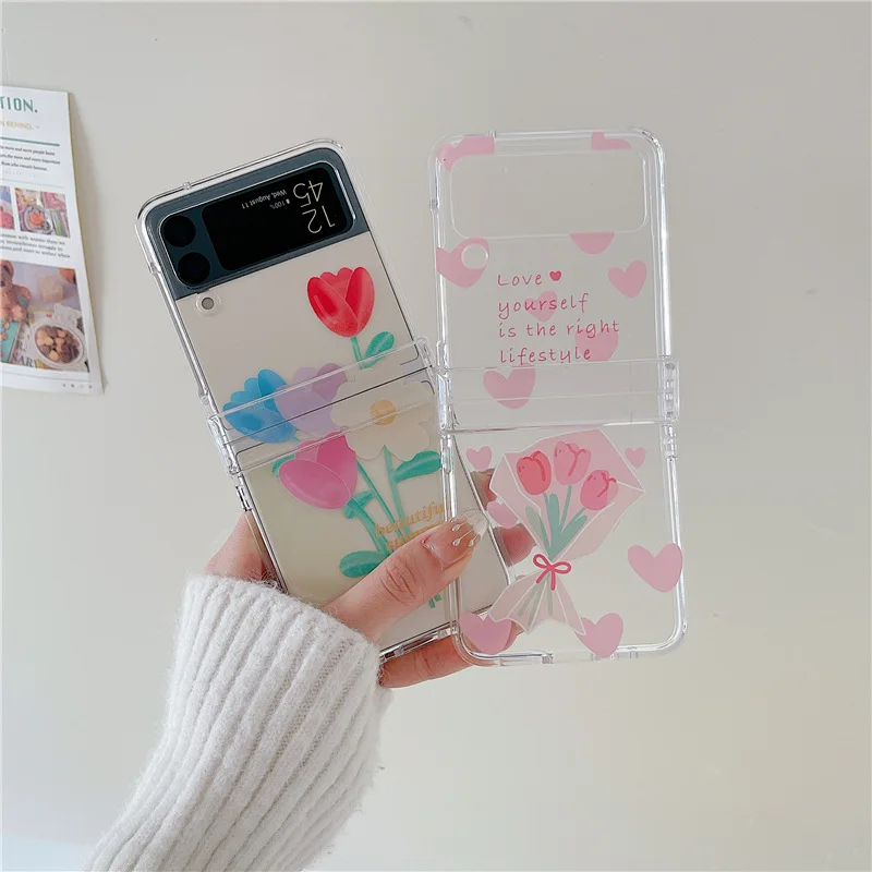 

Loving Hearts Tulips Transparent Phone Case for Samsung Galaxy Z Flip 3 5G Hard PC Back Cover for ZFlip3 Cases Protective Shell