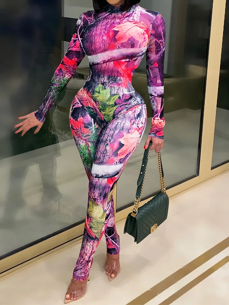 

Multi Print Long Sleeve Bodysuit & Skinny Pants Set Women Sexy 2 Piece Set
