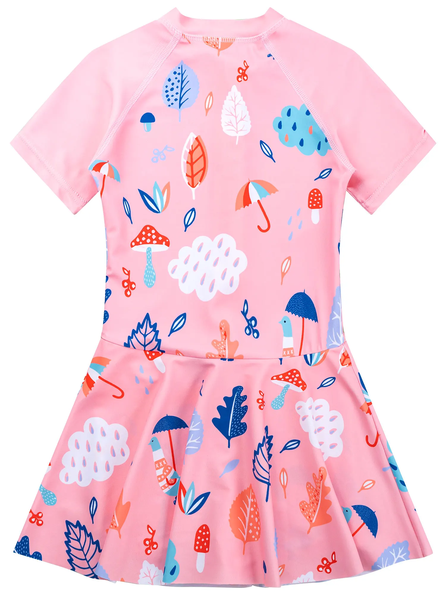 

Kids Girls Vibrant Cartoon Plants Animals Print Swimming Dress Short Sleeve Front Zip Cute Bathing Dress Beachwear Swimwear