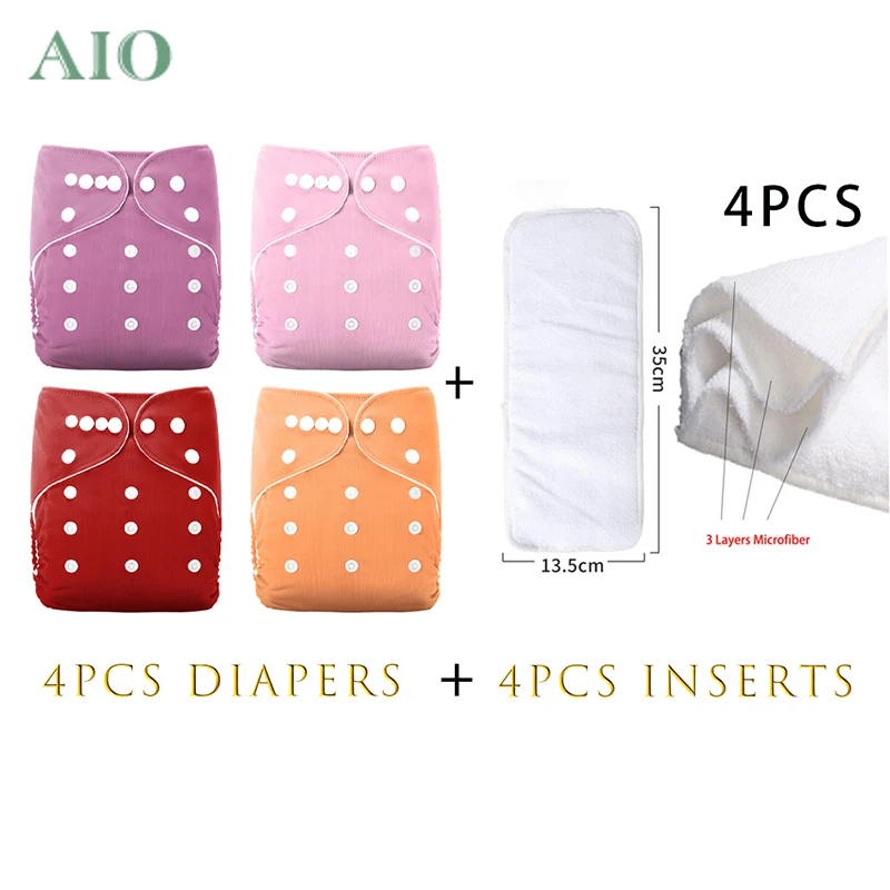 

AIO 4 diapers+4 Inserts Washable Baby Cloth Diaper Double Row Snap Pocket Diapers Solid Color ECO Nappy Reusable 3-15KG babi