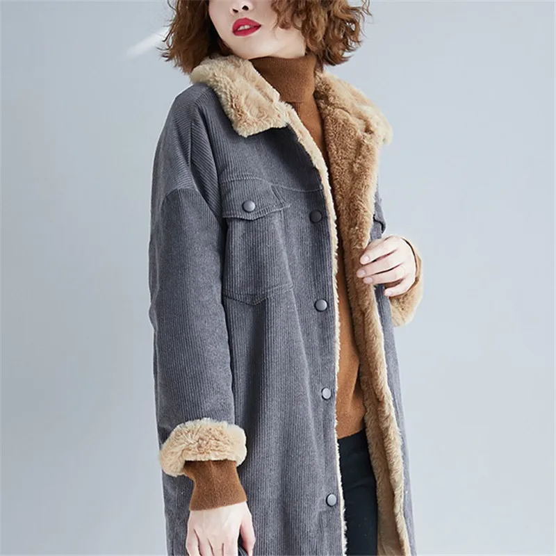 Autumn and Winter Jacket Ladies Corduroy Long Coat Lamb Wool Coat Female Long-sleeved Casual Single-breasted Jacket
