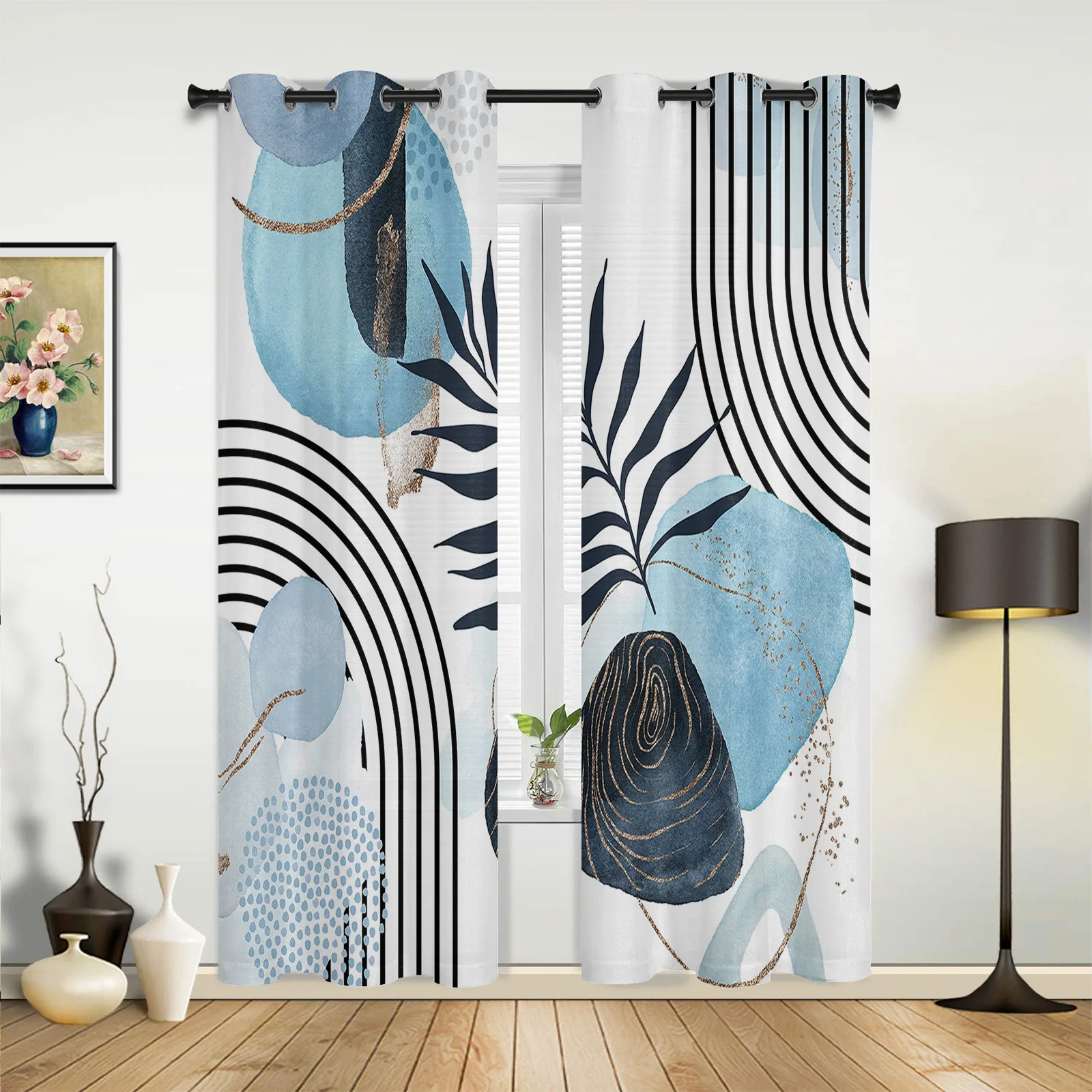 Шторы с абстрактным изображением листьев в стиле бохо тёмно-синие листья для