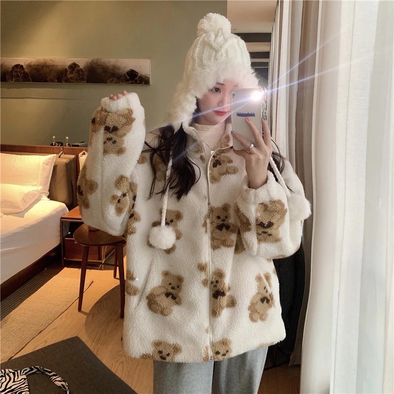 

Cute Women Hoodie 2022 Winter Loose Hoodies Y2K Sweatshirt Fashion Streetwear Thick Lamb Wool Bear Coat Zipper Oversized Outwear