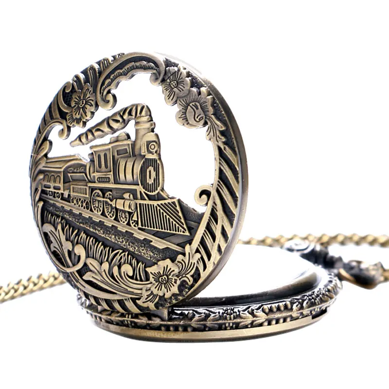 

Antique Retro Bronze Hollow Train Locomotive Steampunk Quartz Pocket Watch Women Men Necklace Pendant with Chain Birthday Gift