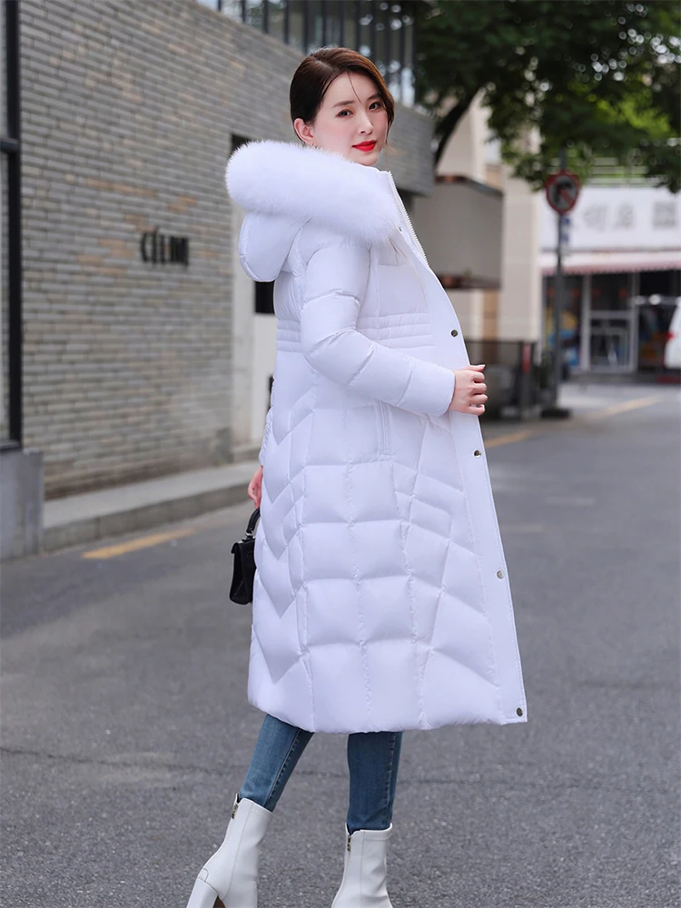New Women Long Down Jacket Winter Casual Fashion Thicken Warm Real Fox Fur Collar White Duck Down Coat Slim Hooded Overcoat