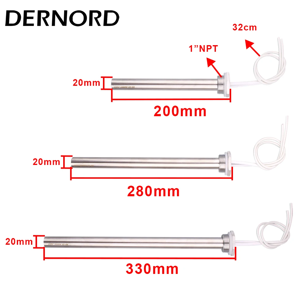 DERNORD 220v Cartridge Heater DN25 Tubular Heater SS304 Immersion Water Heating Element Electric Resistors Heat 220v 1kw/2kw/3kw
