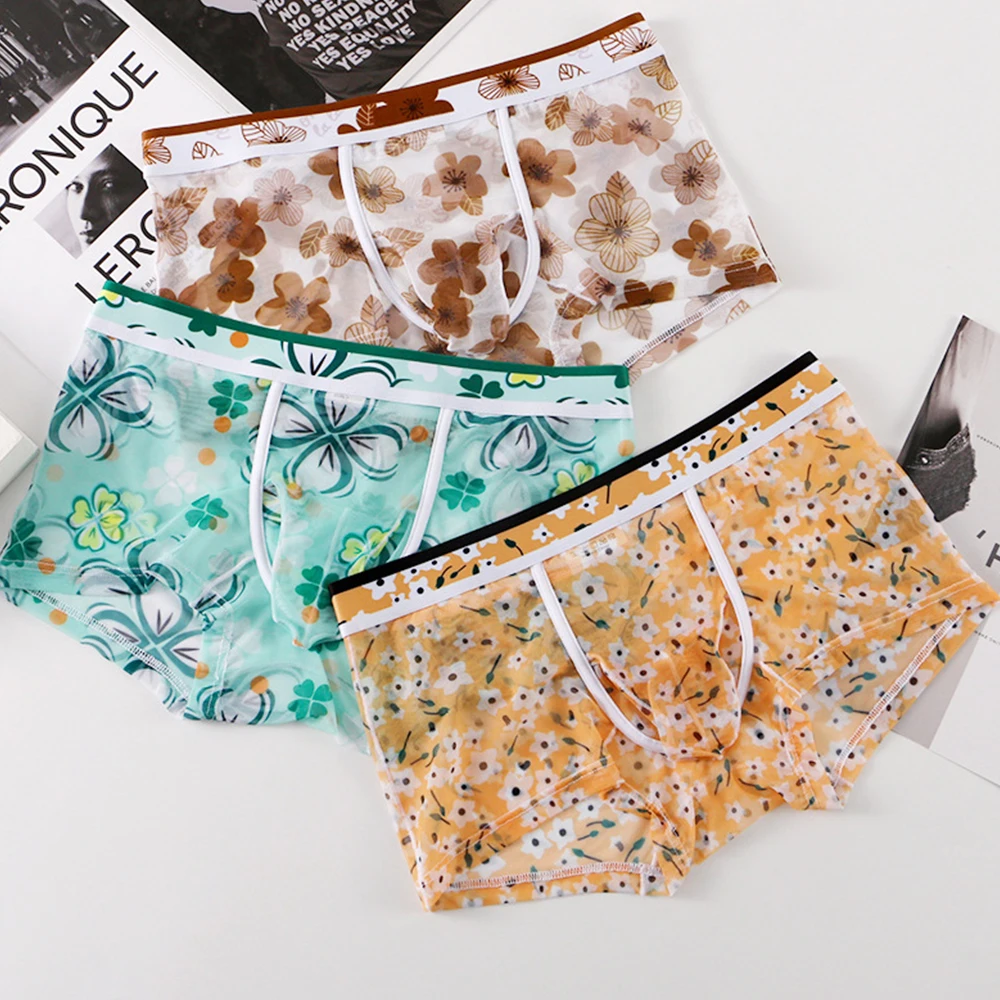 

Boxershorts Men New Thin Ice Silk Mesh Flowers Print Flat Boxers Breathable Comfortable See-Through Trunk Underpants Panties