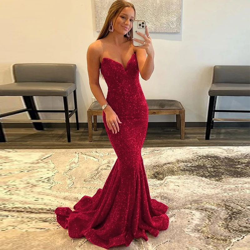 

Роскошные блестящие красные вечерние платья с блестками, женские сексуальные вечерние платья без рукавов с V-образным вырезом для официаль...