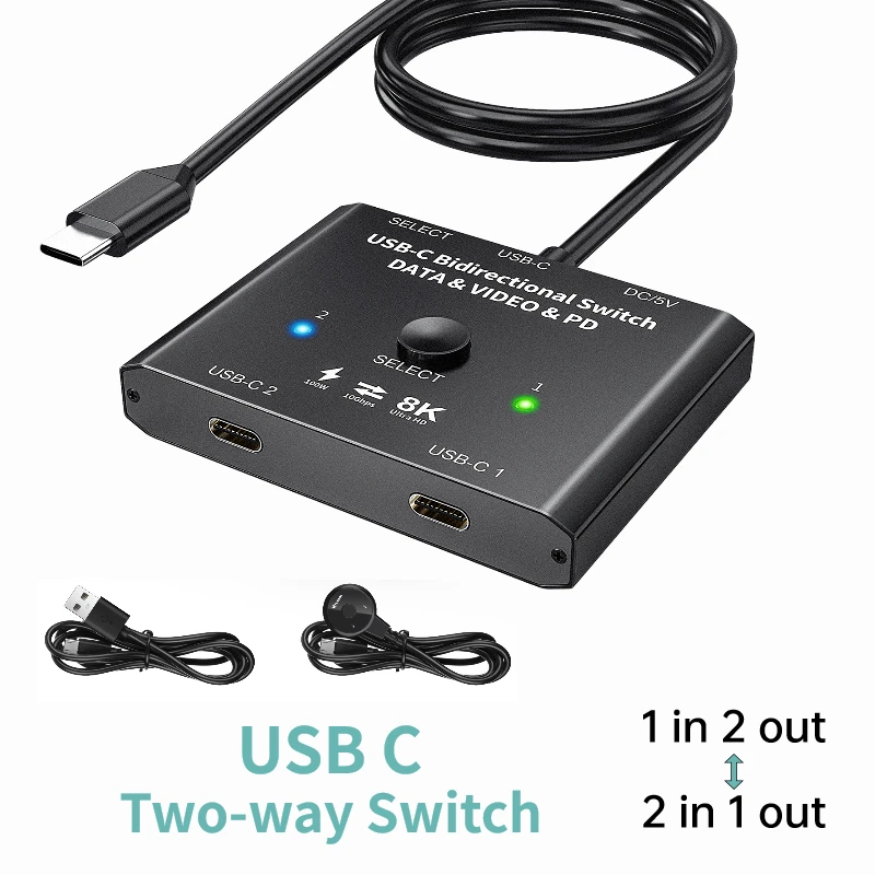 

100W USB C Two-way Switcher Type-C Splitter 2x1/1x2 Bi-Direction KVM Data Video Switcher 8K For Computer Monitor Multiple Source