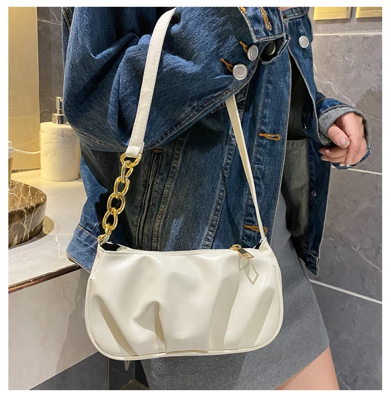 

2023 Spring/Summer New Underarm Bag Milk Tea Fashion Pleated Solid Shoulder Bag Women's Handheld Small Bag