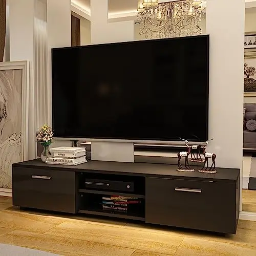 

TV Stand, Modern 70 inch TV Stand, Entertainment Center with Storage, High Gloss TV Cabinet for Living Room, Black