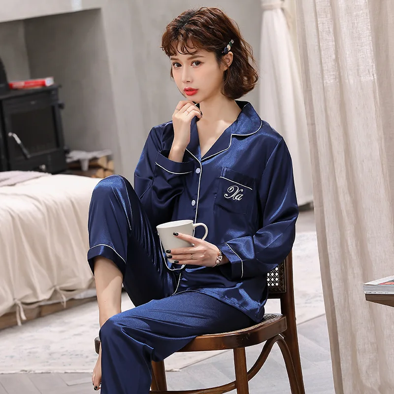Solid Color Sleepwear Silk Satin Pajamas Couple Set Long Button-Down Pyjamas Suit Pijama Women Men Loungewear Plus Size Set