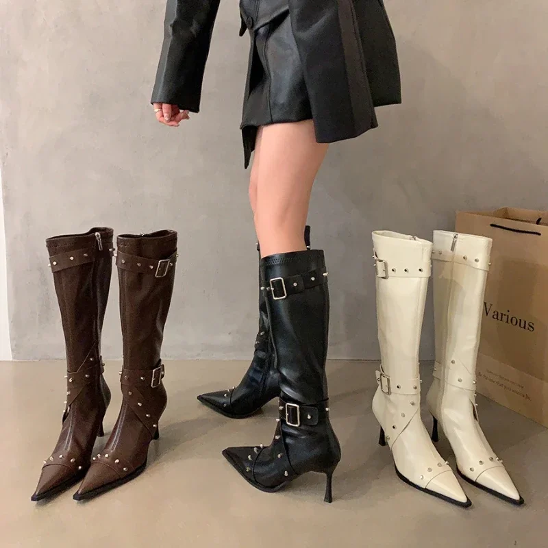 

Осень-зима 2024, ботинки в стиле ретро с ремешком и пряжкой, женские ковбойские ботинки на высоком каблуке, женская обувь, высокие ботинки до бедра