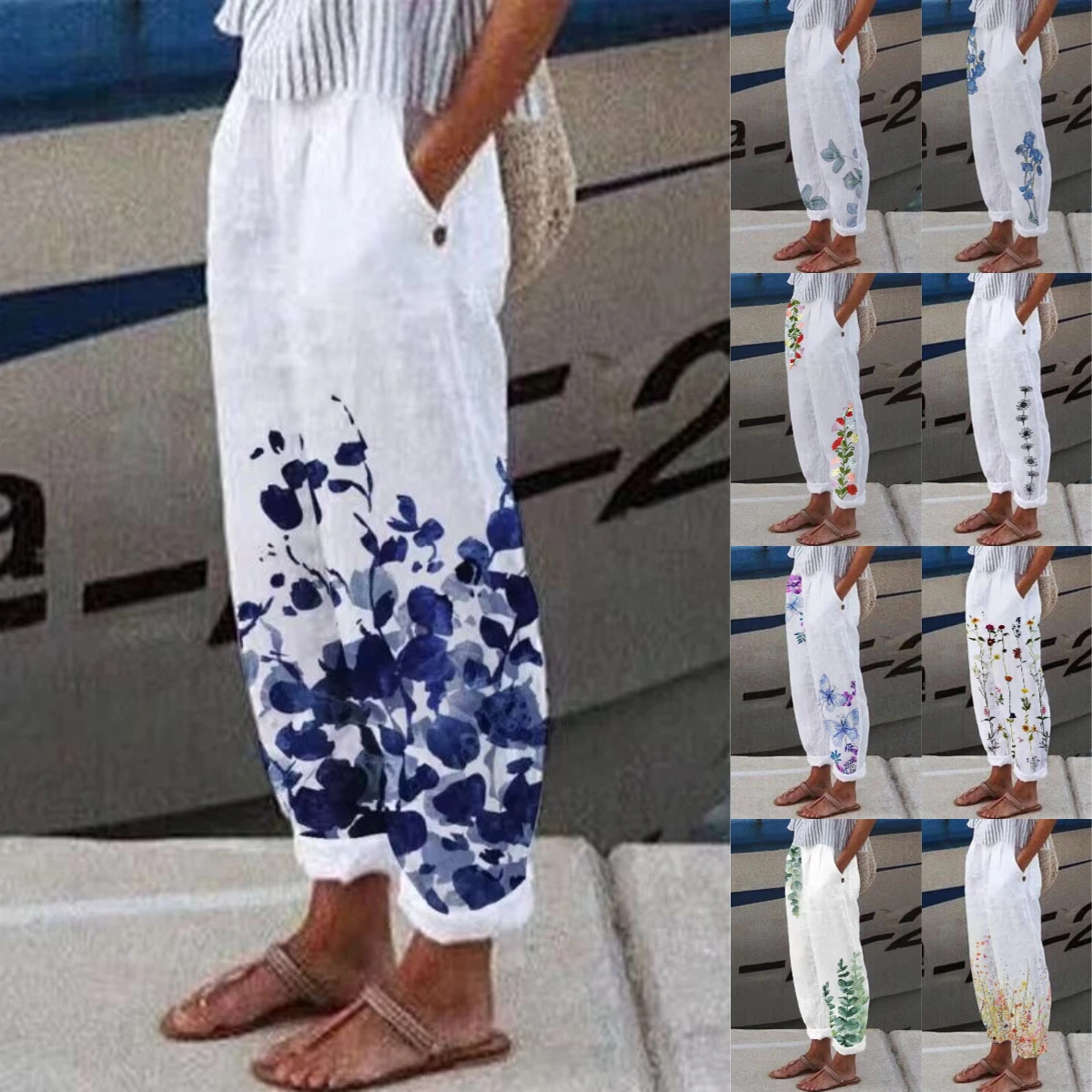 Women Cotton Linen Pants Spring Summer White Printing Pockets Elastic Waist Wide Leg Trousers Ladies Casual Loose Office Pants