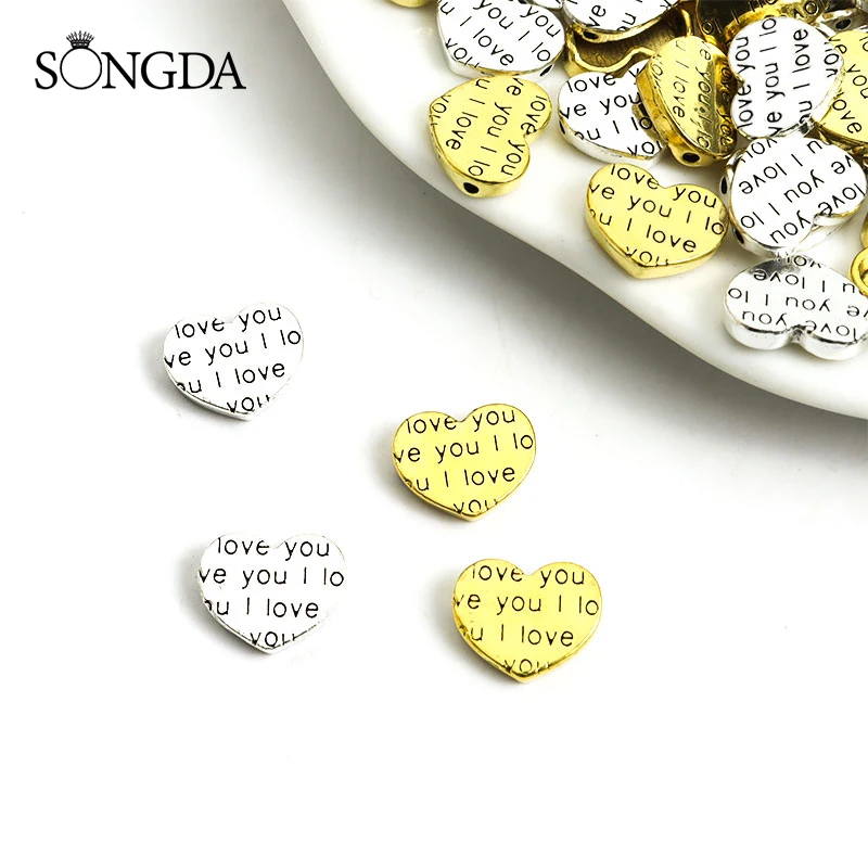 

20pcs Heart Shape I love you Spacer Beads Charms Antique Silver/Gold Color Alloy Loose Bead for Making DIY Bracelets Accessories
