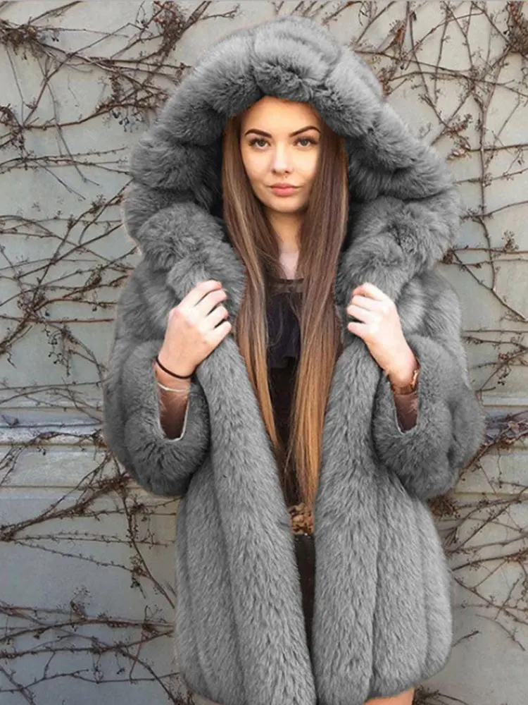 Women Winter Hooded Plush Faux Fur Overcoat Female Casual Elegant Loose Coat Jackets 2022 New Lapel Full Sleeve Fashion Coat