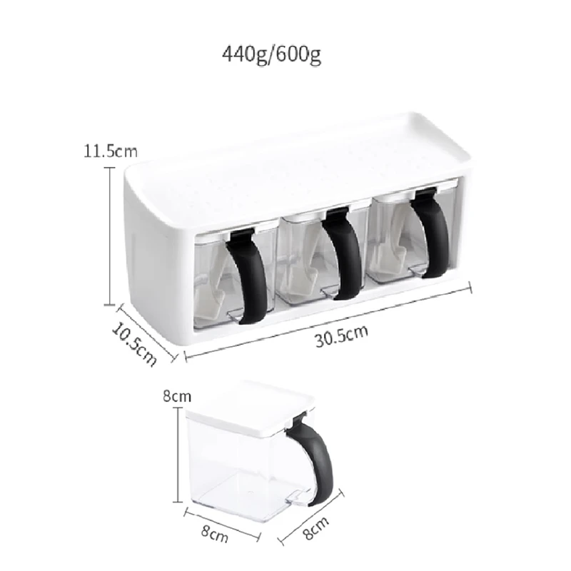 Стеллаж для специй с ручкой крышкой и ложкой 3 ячейки прозрачные кухонные емкости