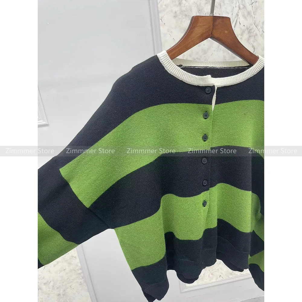 Модный женский 24 ранняя осень новый зеленый полосатый шерстяной пуловер на