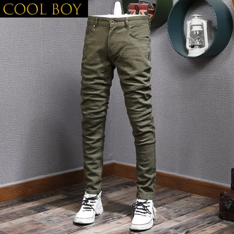 

E BOY Streetwear Men Jeans Army Green Elastic Slim Fit Spliced Designer Biker Jeans Men Stretch Hip Hop Denim Pencil Pants