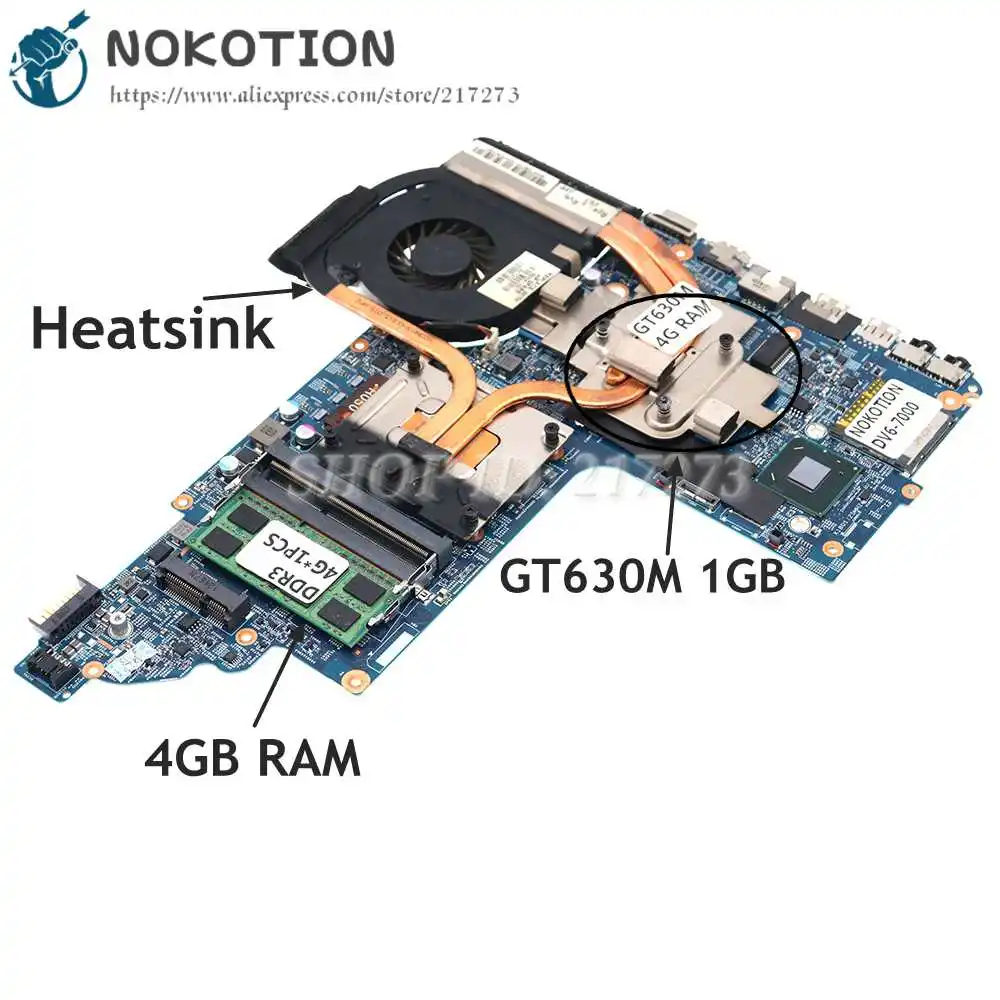 

NOKOTION Laptop Motherboard For HP Pavilion DV6 DV6-7000 682168-001 682170-001 HM77 DDR3 GT630M 1GB+Heatsink+4GB RAM