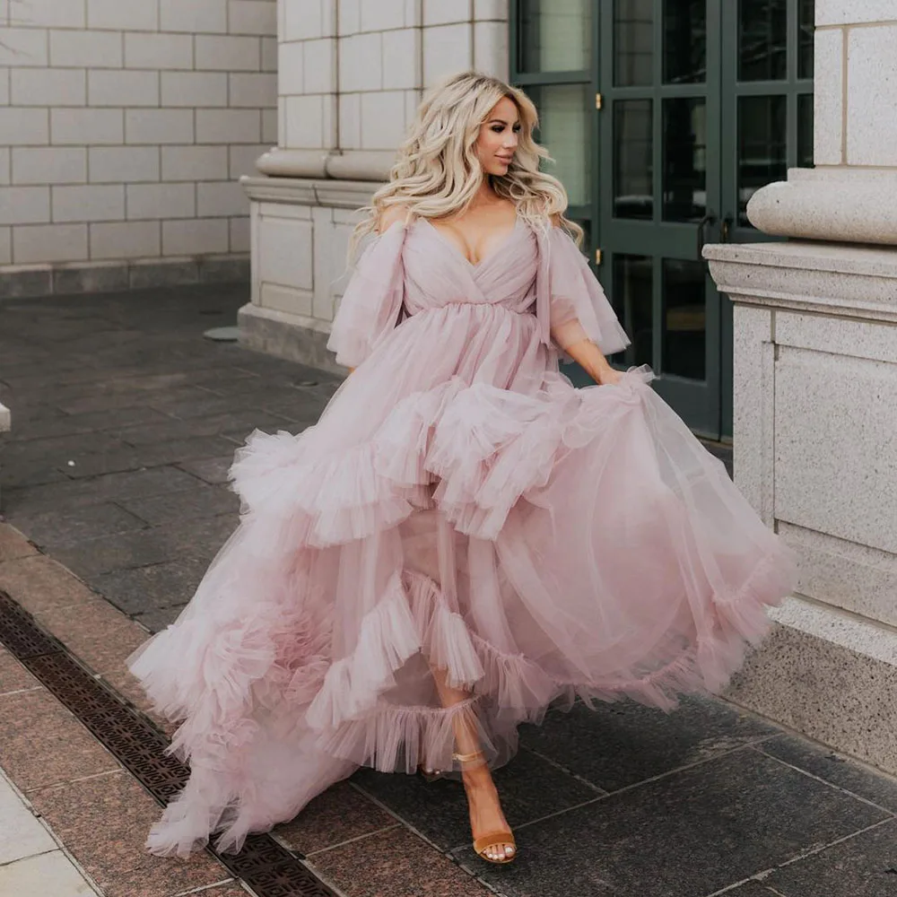 

Msikoods Boho Dusty Pink Wedding Dress A-line Puff Sleeves Tiered Women Bridal Gown Princess Wedding Party Gowns Plus Size