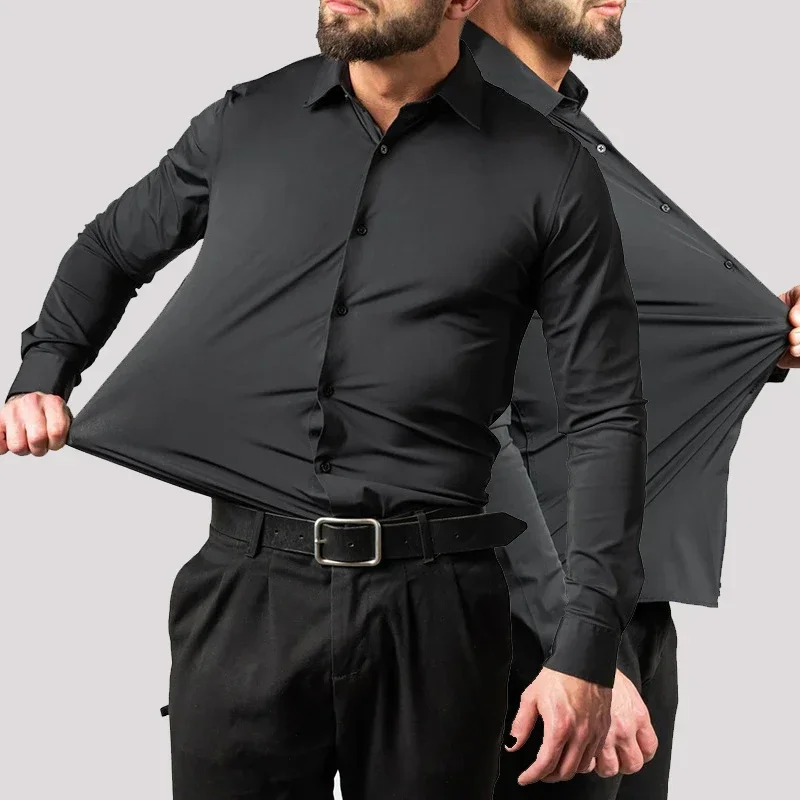 Мужская Рубашка С Длинным Рукавом Эластичная Не Железная Шелковая Блеском
