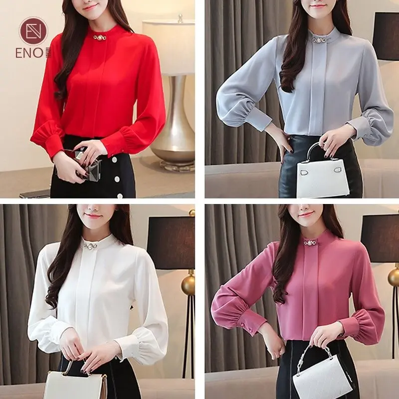 ENO Ladies Blouse Plus Size Red Korean Long Sleeve Womens Tops Blouses Vintage Women Shirts Baju Kemeja Wanita Malaysia