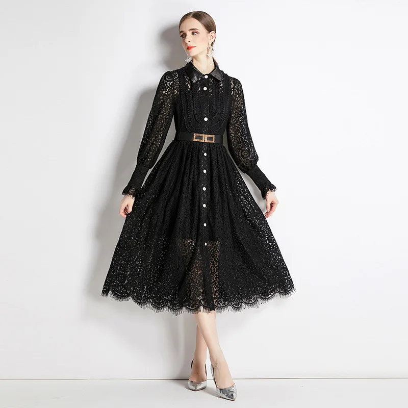 

Autumn Black Dress Women 2022 Heavy Industry Hook Flower Hollow Lace Dress Winter Single Breasting Mid-lenght Prom Party Dresses