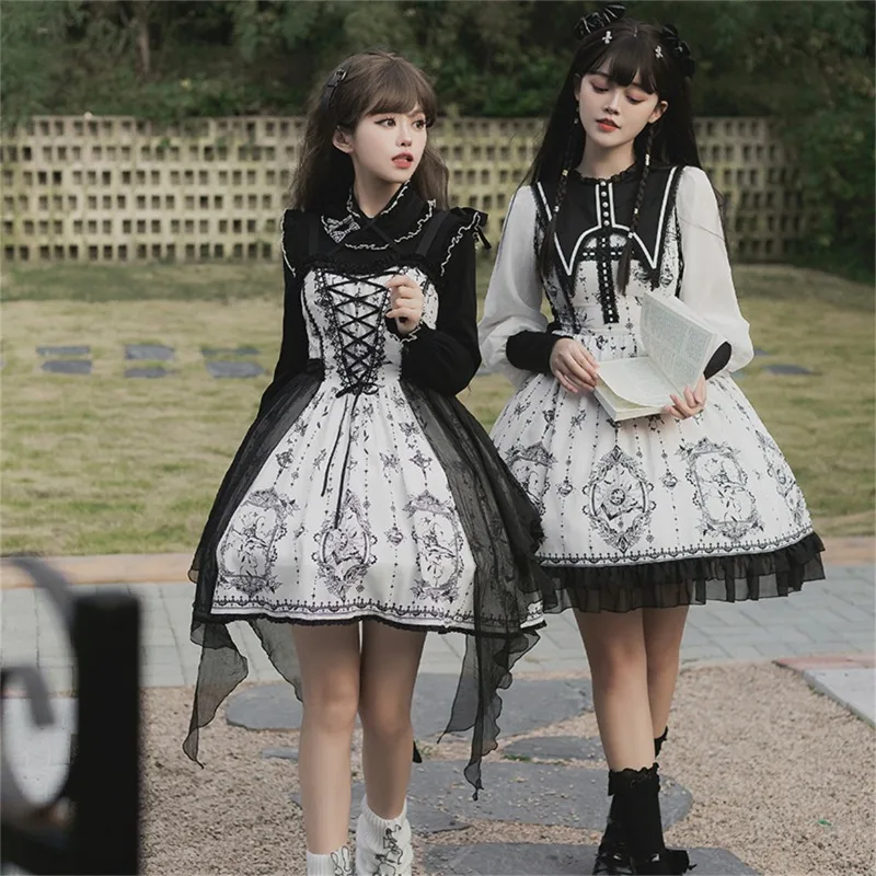 

Victoria Gothic Style Lolita Dress Women Vintage Elegant Lace Cross Button Print Cosplay Dresses Chic Gigot Sleeve Party Dress
