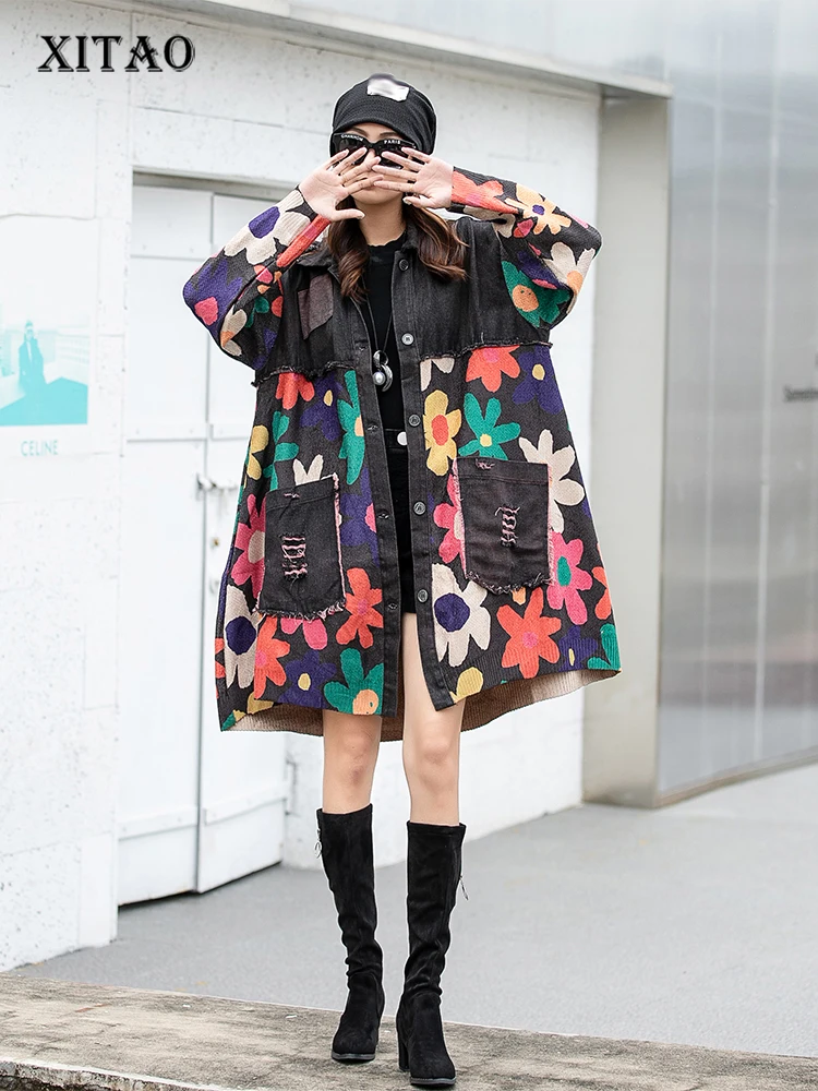 

XITAO Fashion Knitting Jacket Vintage Splicing Contrast Color Flowers Pattern Autumn Loose Street Trendy All-match Coat ZY7785