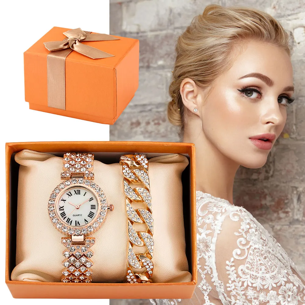 Роскошные женские часы из розового золота с браслетом со стразами в подарок для