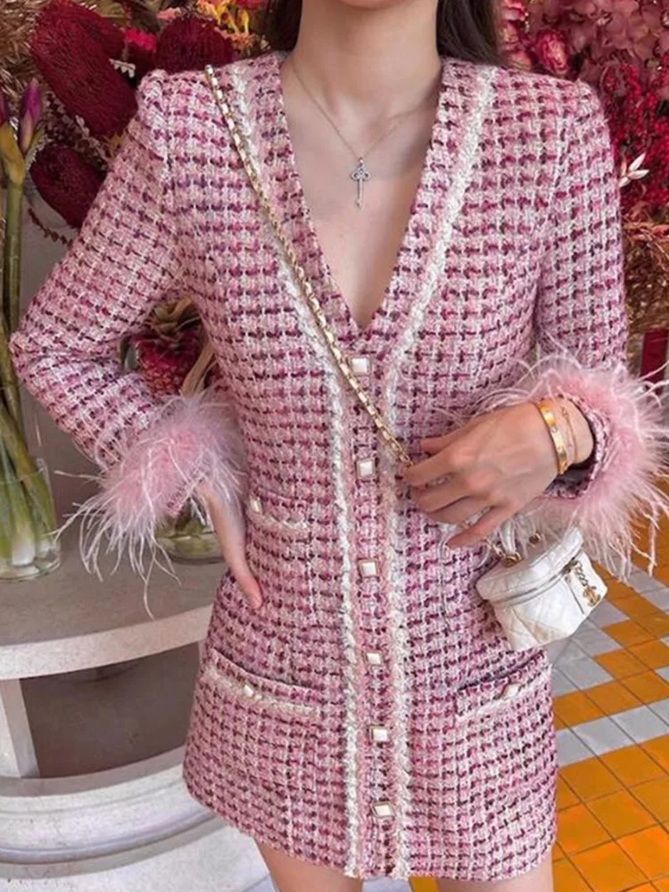 

Pink Feather Tweed Woven V-Neck Dress Women Autumn Winter Fashion Slim Party Banquet A-line