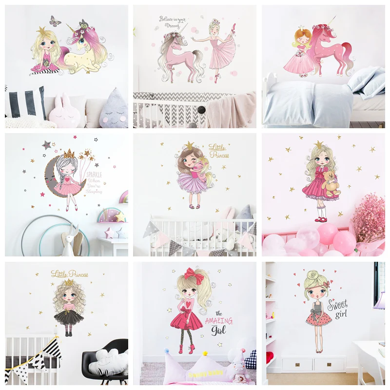 

Princess Wall Stickers Cartoon Unicorn Stickers Vinyl Decorative Wall Decor Poster for Kids Girl Rooms Ballet Girl Wall Sticker