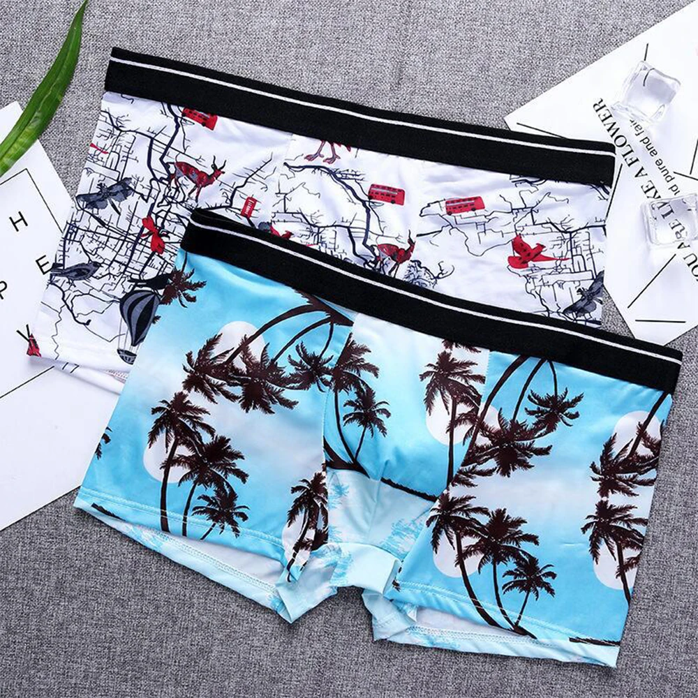 

Men Ice Silk Underwear Camouflage Printed Boxer Hawaiian Style Briefs Bulge Pouch Soft Underpants Trunks Sleep Bottoms
