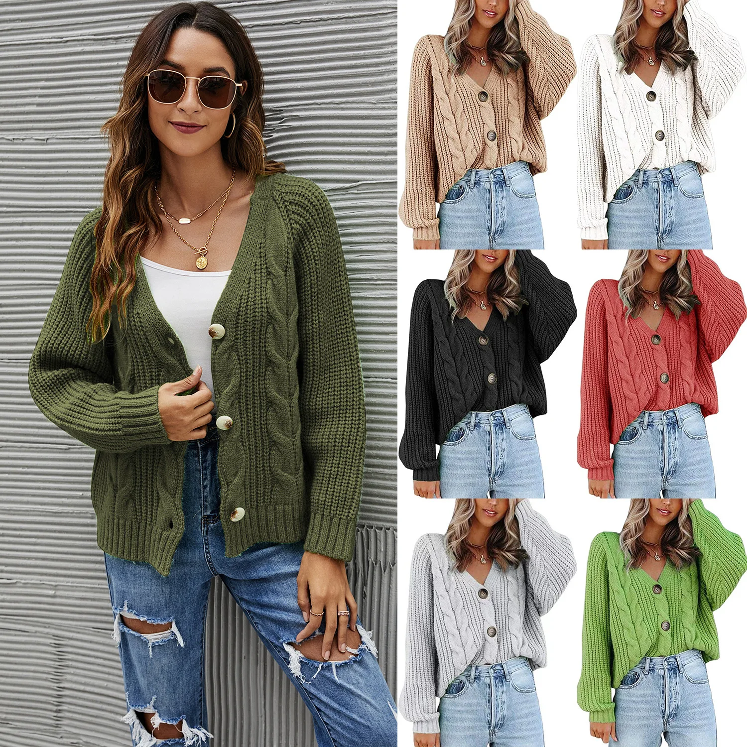 

Autumn Winter 2022 New Women's Sweater Button Twist Decoration Knit V-neck Cardigan Jacket