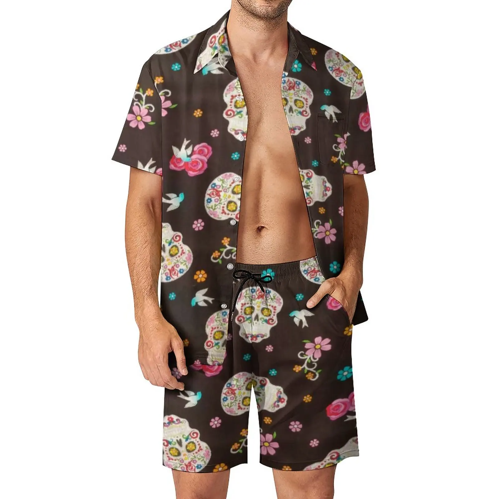 

Floral Skull Print Men Sets Abstract Skulls Art Casual Shorts Summer Streetwear Beach Shirt Set Short-Sleeve Plus Size Suit Gift