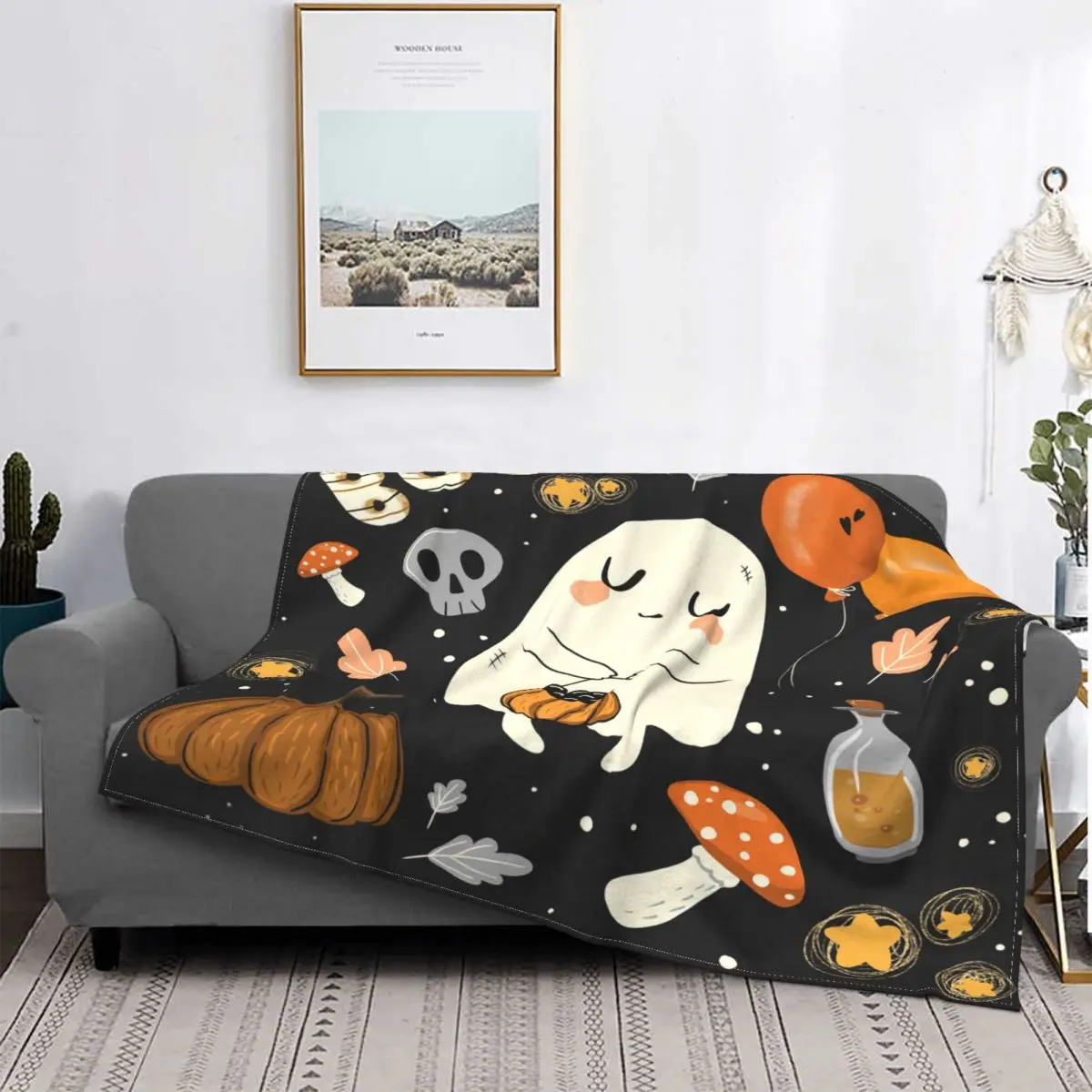 

Halloween Pumpkin Ghost Blanket Flannel Print Scary Nap Multi-function Super Warm Throw Blanket for Sofa Office Bedspreads