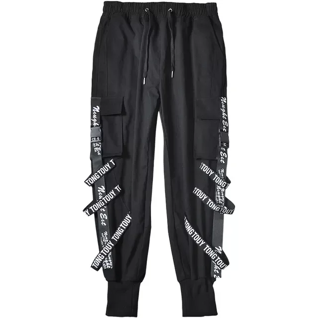 2022 Mens Ribbons Hip Hop Overalls Joggers pants Male Black Fashions Sweatpants Mens Japanese Streetwear Cargo Pants