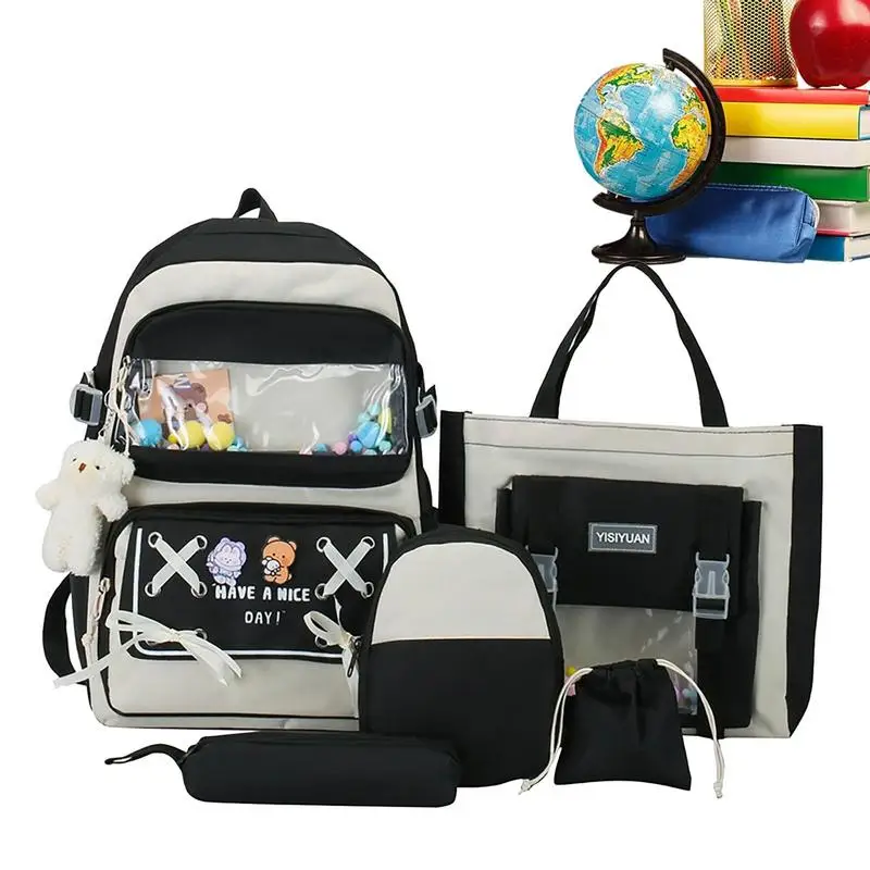 

Aesthetic Backpack Set Included Pins And Plush Pendants Aesthetic Waterproof School Bag Set 5 Piece Backpack For School