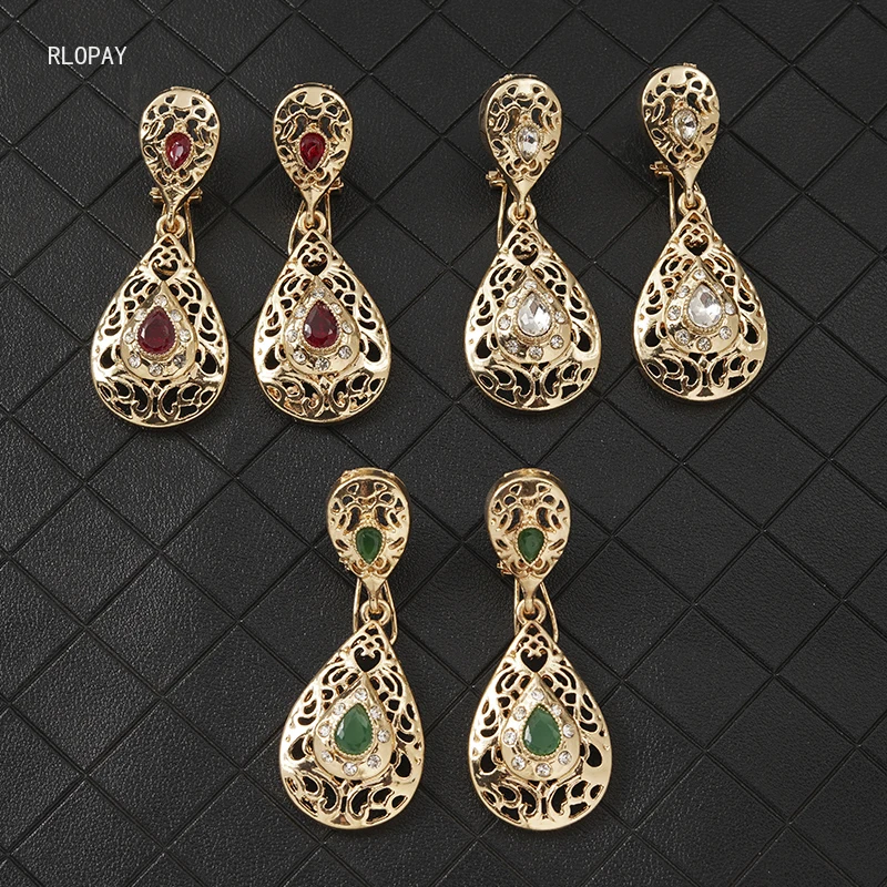 

Trendy Water Drop Earrings In Gold Color Red and Green Rhinestone Earrings for Women Arabic Wedding Jewelry Earrings
