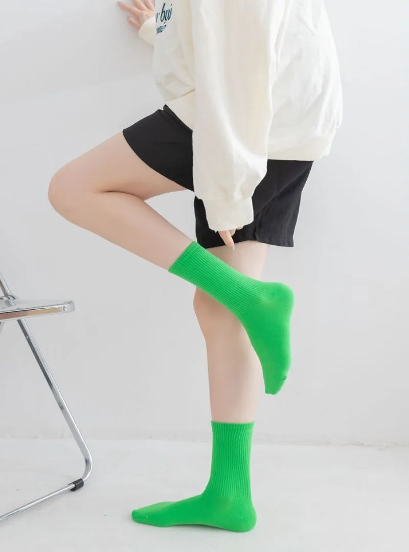 

5pairs Spring Japanese thick pile socks candy color stockings solid color combed cotton sports socks ladies middle tube socks