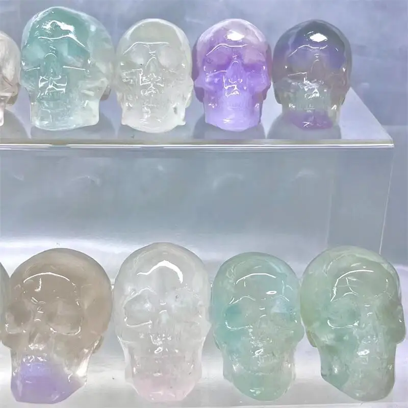 

Natural Macaron Fluorite Skull Crystal Hand Carved Statue Reiki Healing Mineral Stone Crafts For Halloween Decoration Gift 1PCS
