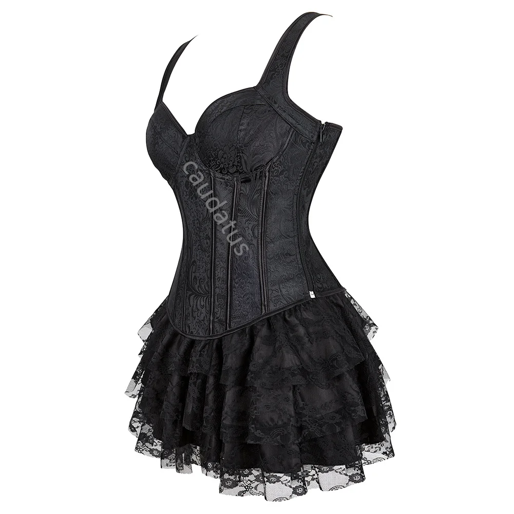 Black Corset Dress Plus Size Gothic Tutu Skrits Overbust Corset Bustier With Straps Suspenders Zip Costume Party Sexy Burlesque