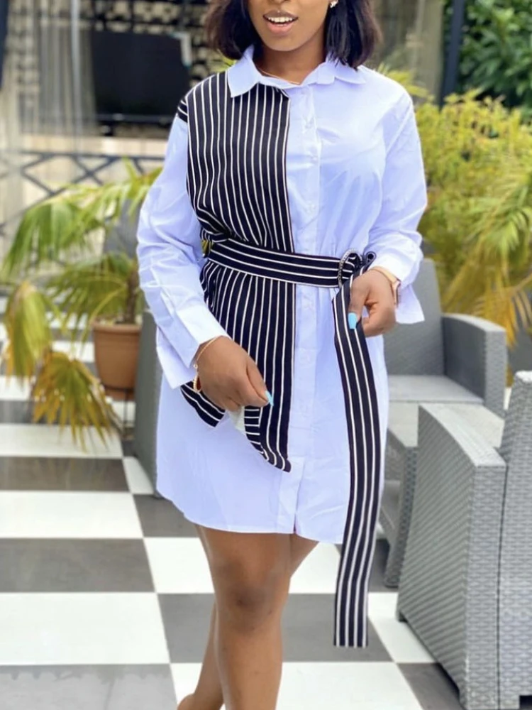 

Женское офисное платье-рубашка с поясом, повседневное свободное элегантное платье-рубашка в стиле пэчворк с длинными рукавами, на пуговица...