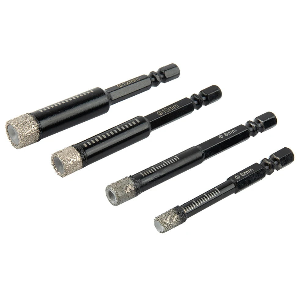 

4Pcs Diamond Dry Drill Bit 6/8/10/12mm Hole Saw Cutter 6.35mm Hexagon Shank For Marble Granite Tile Porcelain Drilling Tool