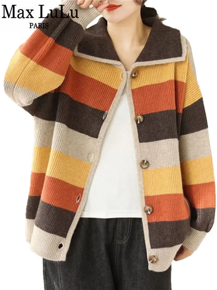 

Max LuLu 2022 Winter Womens Fashion Loose Striped Warm Knitted Sweaters Ladies Luxury Casual Cotton Cardigans Vintage Clothing