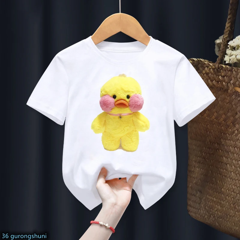 

2022 Lalafanfan T Shirt Cartoon Cafe Kawaii Duck Plush Toy Print Birthday Gift Boy Girls T-Shirt Unisex Clothes Short Sleeve Top